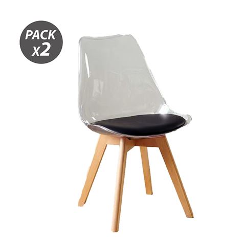 Lot de 2 chaises design Muvip D1000 - Pieds en bois massif - Coussin rembourré sur la base - Blanc/Noir