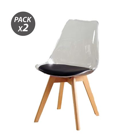 Lot de 2 chaises design Muvip D1000 - Pieds en bois massif - Coussin rembourré sur la base - Blanc/Noir