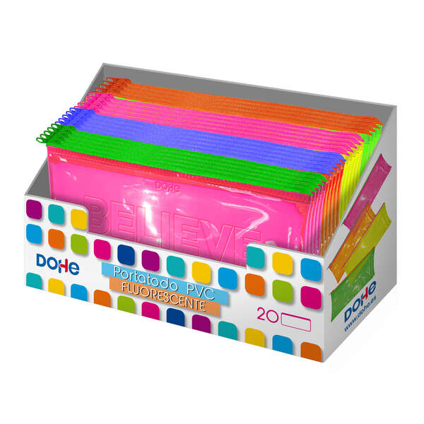 LOT de 20 Dohe Présentoir de 20 Pots à Crayons Plats Fluorescents Transparents en PVC - Couleurs Assorties