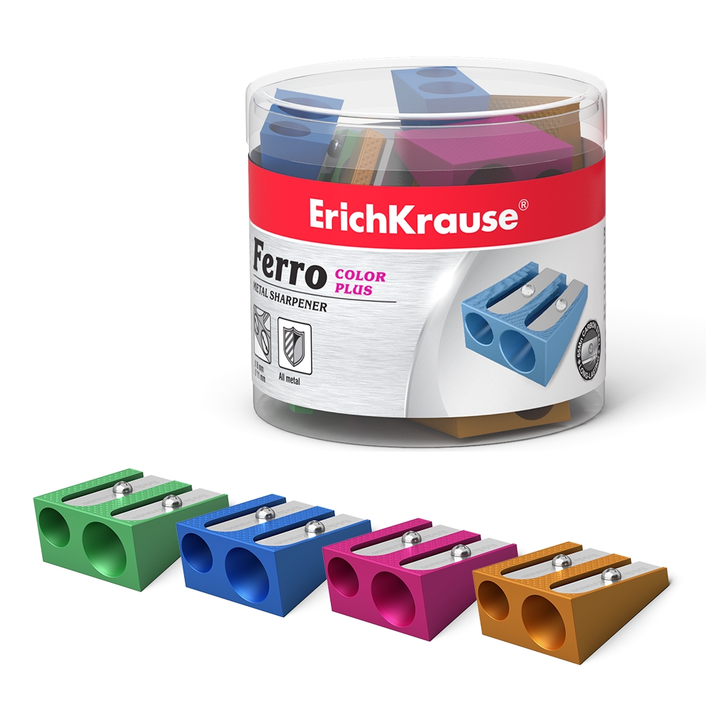 LOT de 20 Erichkrause Ferro Color Plus - Taille-Crayon Double Aluminium - Prise Ergonomique - Diamètre 8mm et 11mm - Couleur Assortie