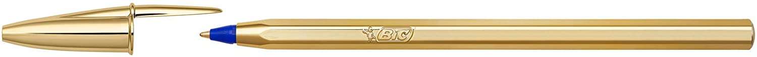 LOT de 20 Stylo Roller Bic Cristal Shine - Pointe Moyenne 1,0 mm - Encre à Base d'Huile - Corps Doré Élégant - Couleur Bleu - Boîte de 20 unités