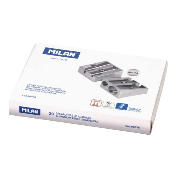 LOT de 20 Taille-crayon Milan à 2 trous - Lame en acier carbone - Construction en aluminium