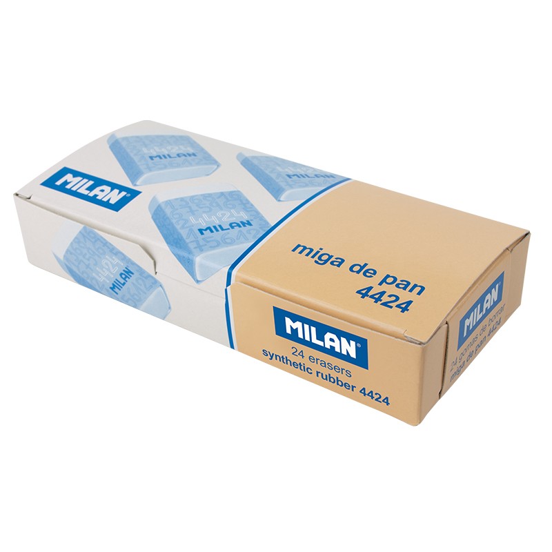LOT de 24 Milan 4424 Gomme Rectangulaire - Chapelure - Caoutchouc Synthétique Souple - Bande de Carton Colorée - Couleur Blanc