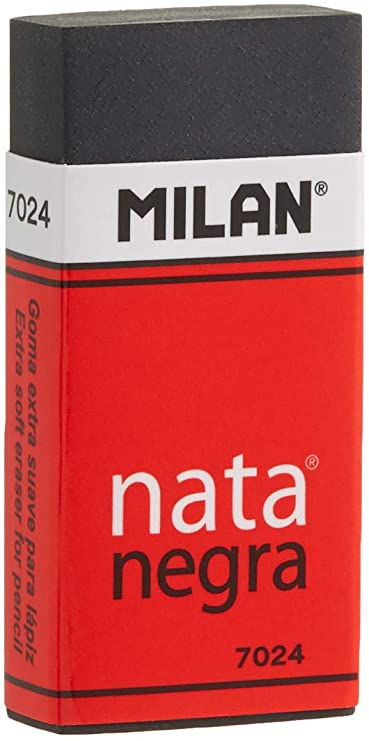 LOT de 24 Milan Nata 7024 Gomme Rectangulaire - Plastique - Bande de Carton Rouge - Emballé Individuellement - Extra Lisse - Couleur Noir
