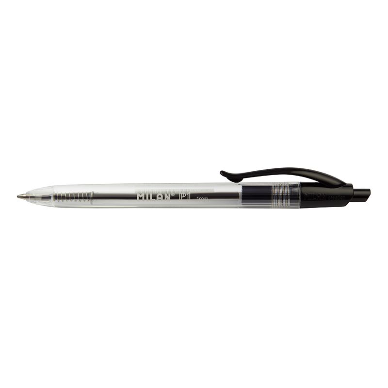 LOT de 25 Stylo Bille Rétractable Milan P1 - Pointe Ronde 1 mm - Corps Transparent - Couleur Noir
