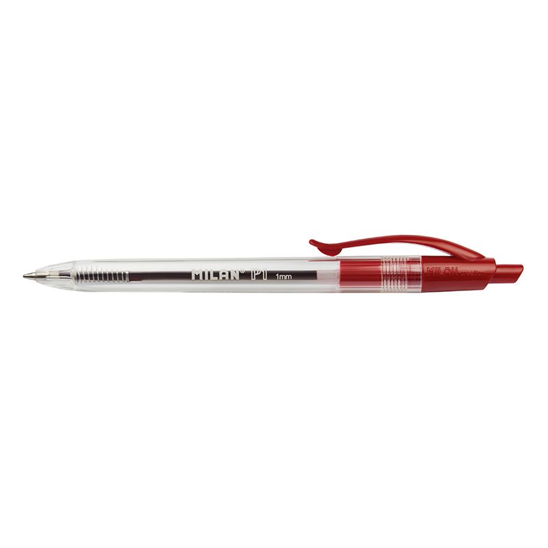 LOT de 25 Stylo Bille Rétractable Milan P1 - Pointe Ronde 1 mm - Corps Transparent - Couleur Rouge