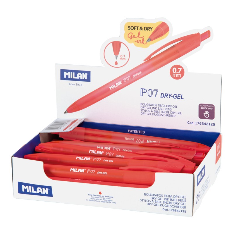 LOT de 25 Stylo Gel Rétractable Milan P07 Dry-Gel - Pointe 0.7mm - Séchage Rapide - Couleur Rouge