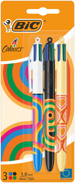 Lot de 3 stylos à bille rétractables Bic 4 couleurs Décors - Pointe moyenne 1,0 mm - Encre à l'huile - 4 couleurs