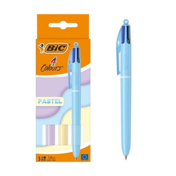 Lot de 3 stylos à bille rétractables Bic 4 couleurs pastel - Pointe moyenne 1,0 mm - Encre à l'huile - Corps pastel - 4 couleurs