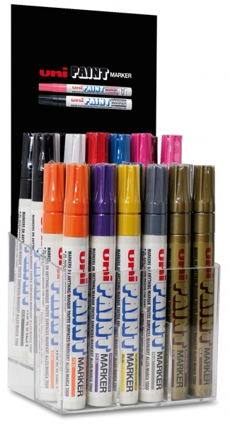 LOT de 30 Uni-ball PX-20/30P Présentoir de 30 marqueurs peinture - Pointe ogive en acrylique 2,2-2,8 mm - Permanent sur toutes les surfaces - Résistant à la lumière et à l'eau - Corps en aluminium - Couleurs assorties