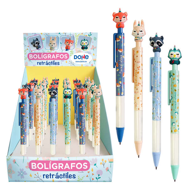 LOT de 36 Stylos rétractables Dohe Forest Elves - Pointe bille en métal 1 mm - Encre bleue à base d'huile - Corps en plastique aux couleurs vives - Bouton poussoir décoré de motifs d'elfes des forêts