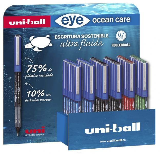 LOT de 36 Uni-ball Eye Ocean Care UB-1570ROP Présentoir de 36 stylos à encre liquide - Pointe bille 0,7 mm - Course 0,5 mm - Encre pigmentée résistante à l'eau et à la lumière - Couleurs assorties