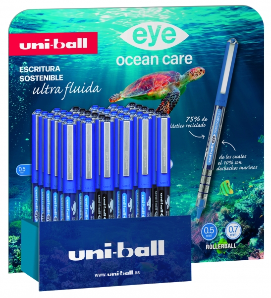 LOT de 36 Uni-ball Eye Ocean Care UB150/157 Présentoir de 36 stylos - Pointe sphérique de 0,5 mm - Encre pigmentée résistante à l'eau et à la lumière - Système de contrôle de l'encre - Couleurs assorties