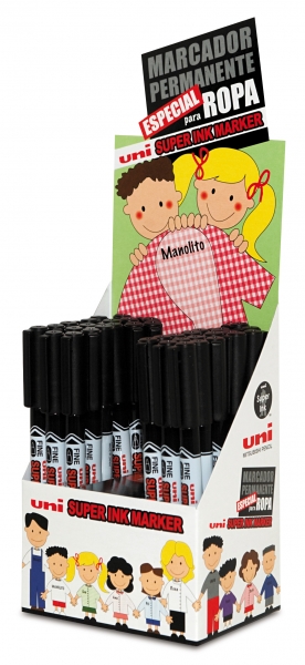 LOT de 36 Uni-ball PNA-125 Présentoir de 36 Marqueurs Textile - Pointe Acrylique 0,9 mm - Encre Pigmentée à Base d'Huile - Couleur Noir