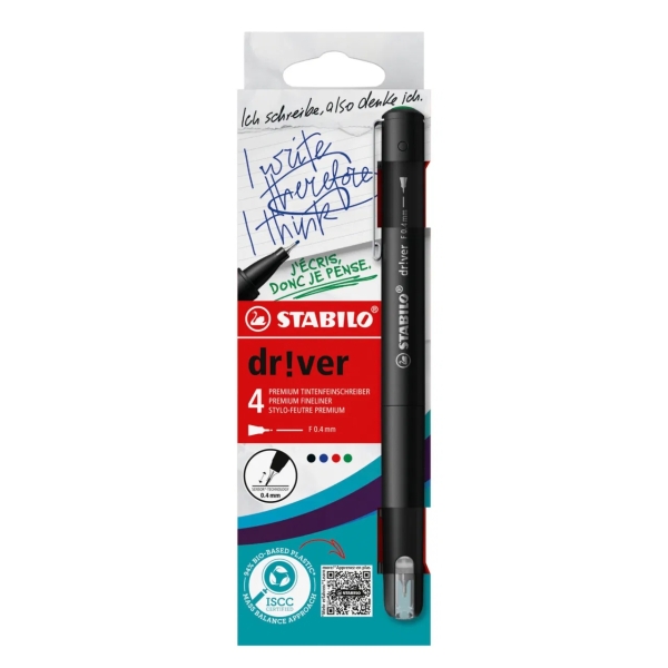 Lot de 4 marqueurs à pointe fine Stabilo Dr!ver 0,4 mm - Encre à base d'eau, anti-bavures et inodore - Fabriqués à 94 % en bioplastique - Couleurs assorties