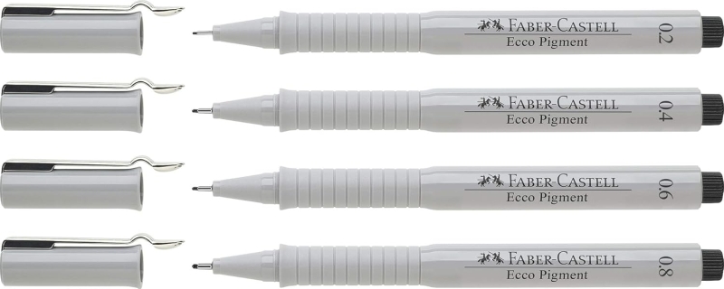 Lot de 4 marqueurs Faber-Castell Ecco Pigment 0,2, 0,4, 0,6 et 0,8 mm - Pointe en métal moulé - Encre pigmentée résistante à l'eau et à la lumière - Noir