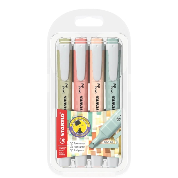 Lot de 4 marqueurs fluorescents Stabilo Swing Cool Naturecolors - Corps plat - Pointe biseautée - Taille de trait entre 1 et 4 mm - Encre à base d'eau - Anti-dessèchement - Couleurs assorties