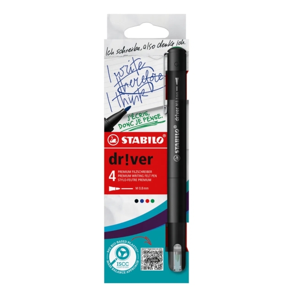 Lot de 4 marqueurs Stabilo Dr!ver à pointe moyenne 0,8 mm - Encre à base d'eau, anti-bavures et inodore - Fabriqués à 94 % en bioplastique - Couleurs assorties