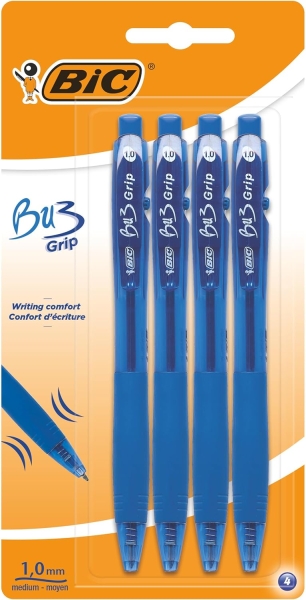 Lot de 4 stylos à bille rétractables Bic Bu3 - Pointe moyenne 1 mm - Course 0,32 mm - Grip caoutchouc - Écriture fluide - Bleu
