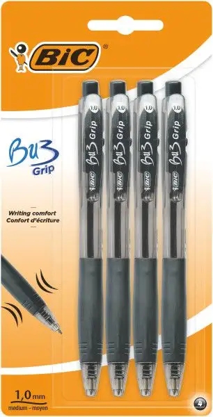 Lot de 4 stylos à bille rétractables Bic Bu3 - Pointe moyenne 1 mm - Course 0,32 mm - Grip caoutchouc - Écriture fluide - Noir