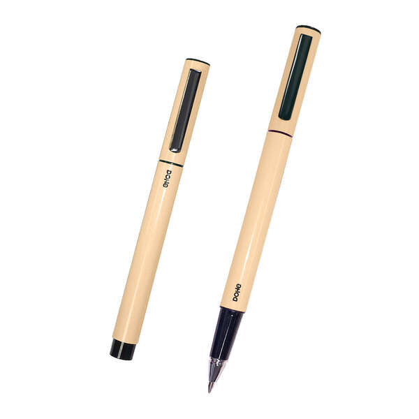 LOT de 4 Stylos Dohe en Métal Léger - Corps Ovale Jaune - Ergonomique et Glisse Parfaite - Capuchon avec Clip - En Aluminium - Encre Bleue