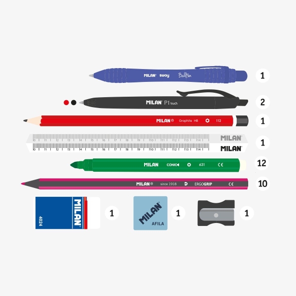 Lot de 4 trousses Milan Fun Animals avec contenu standard : gomme, 2 taille-crayons, crayon, 1 stylo Sway bleu et 2 stylos tactiles P1 noirs et rouges, règle de 15 cm, 10 crayons de couleur Ergo et 12 marqueurs - Couleur rose/violet