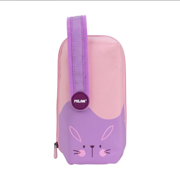 Lot de 4 trousses Milan Fun Animals avec contenu standard : gomme, 2 taille-crayons, crayon, 1 stylo Sway bleu et 2 stylos tactiles P1 noirs et rouges, règle de 15 cm, 10 crayons de couleur Ergo et 12 marqueurs - Couleur rose/violet