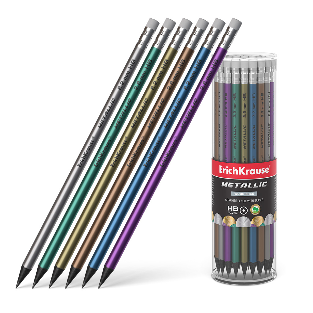 LOT de 42 Crayon graphite en plastique Erichkrause - Section ronde - Gomme - HB métallique - Couleur métallique