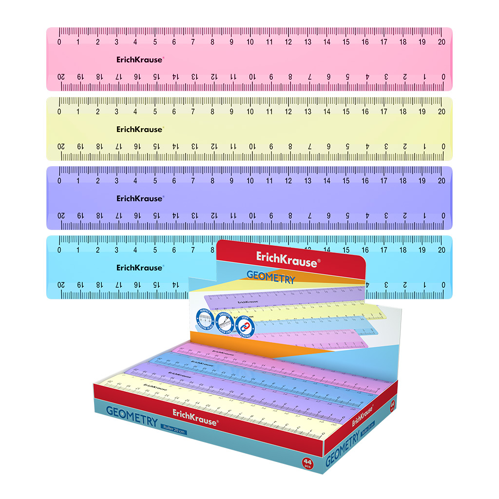 LOT de 44 Règle Pastel Erichkrause - 20cm - Assortiment en Boîte Présentoir - Couleurs Assorties