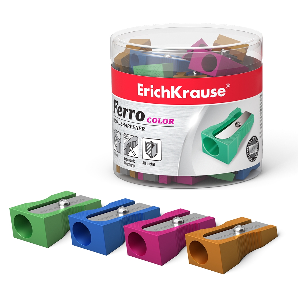 LOT de 48 Erichkrause Ferro Color - Taille-crayon en aluminium avec poignée ergonomique - Trou de 8 mm - Lame en acier au carbone - Couleurs vives assorties