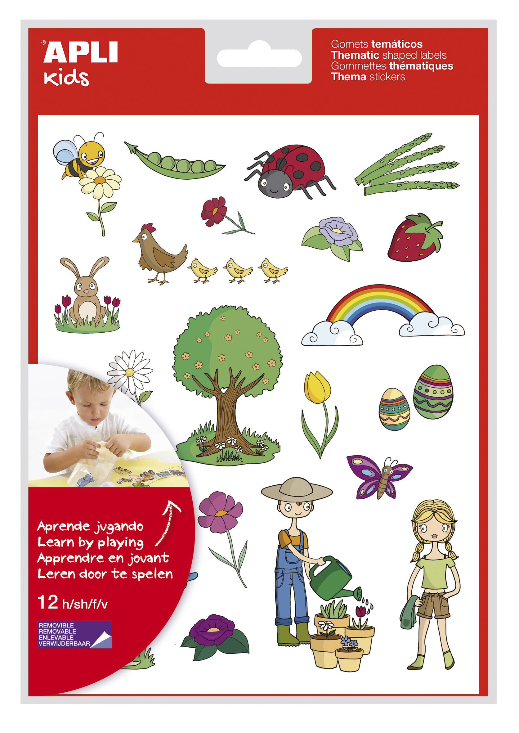 LOT de 5 Apli Autocollants Thématiques Printemps - 264 Autocollants sur 12 Feuilles - Illustrations Pédagogiques - Adhésif Amovible - Format Scolaire - Adhésif à Base d'Eau - Sans Solvant - Coloré