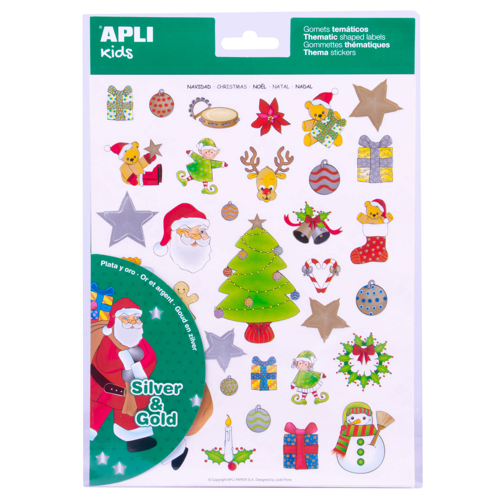 LOT de 5 Apli Christmas Theme Stickers - 99 Stickers sur 3 Feuilles - Illustrations Pédagogiques - Adhésif Amovible - Encre Or et Argent - Normes EN-71 et FSC - ECF - 100% Recyclable - Couleur Or et Argent