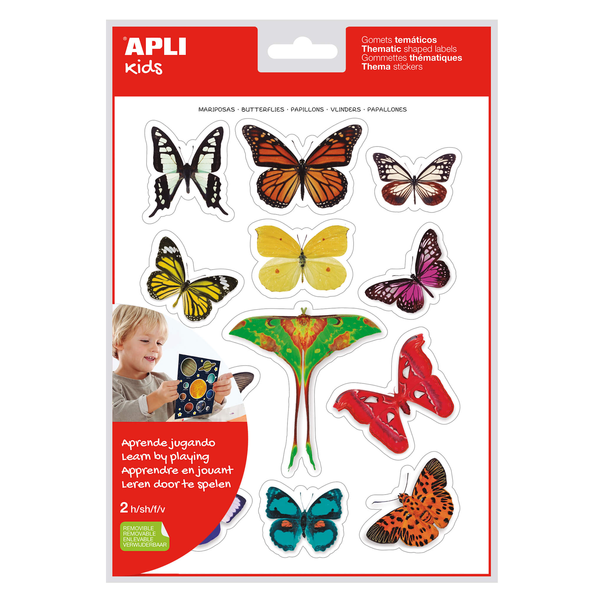 LOT de 5 Apli Gomets Papillons réalistes thématiques - 24 unités par sac - Adhésif amovible - Photographies en couleur - Adhésif à base d'eau - Sans solvant - Coloré