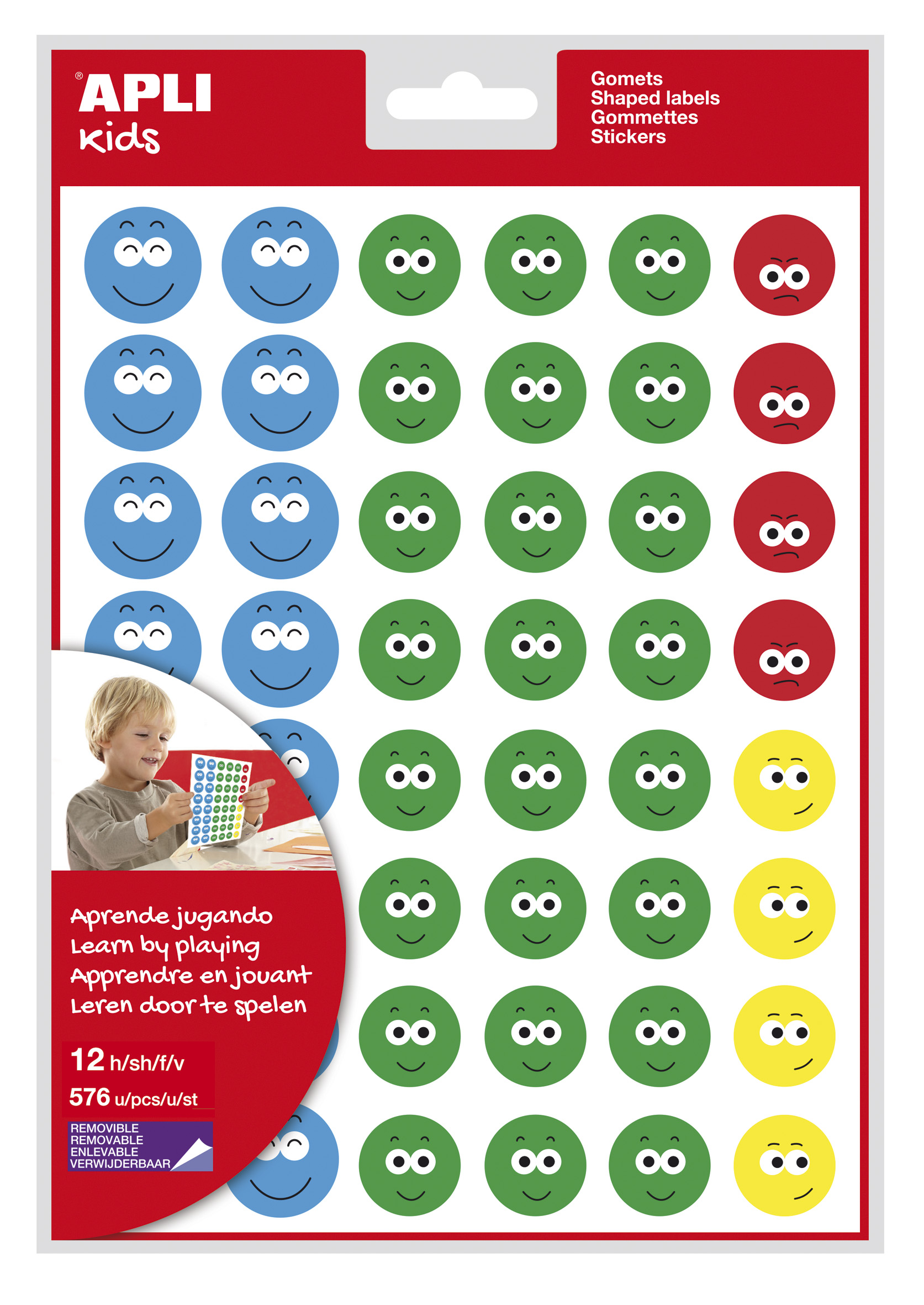 LOT de 5 Apli Happy Face Stickers Ii - 576 autocollants par sac - 4 styles de visage différents - Motiver et récompenser les enfants - Apprendre à exprimer ses sentiments - Adhésif à base d'eau - Sans solvant