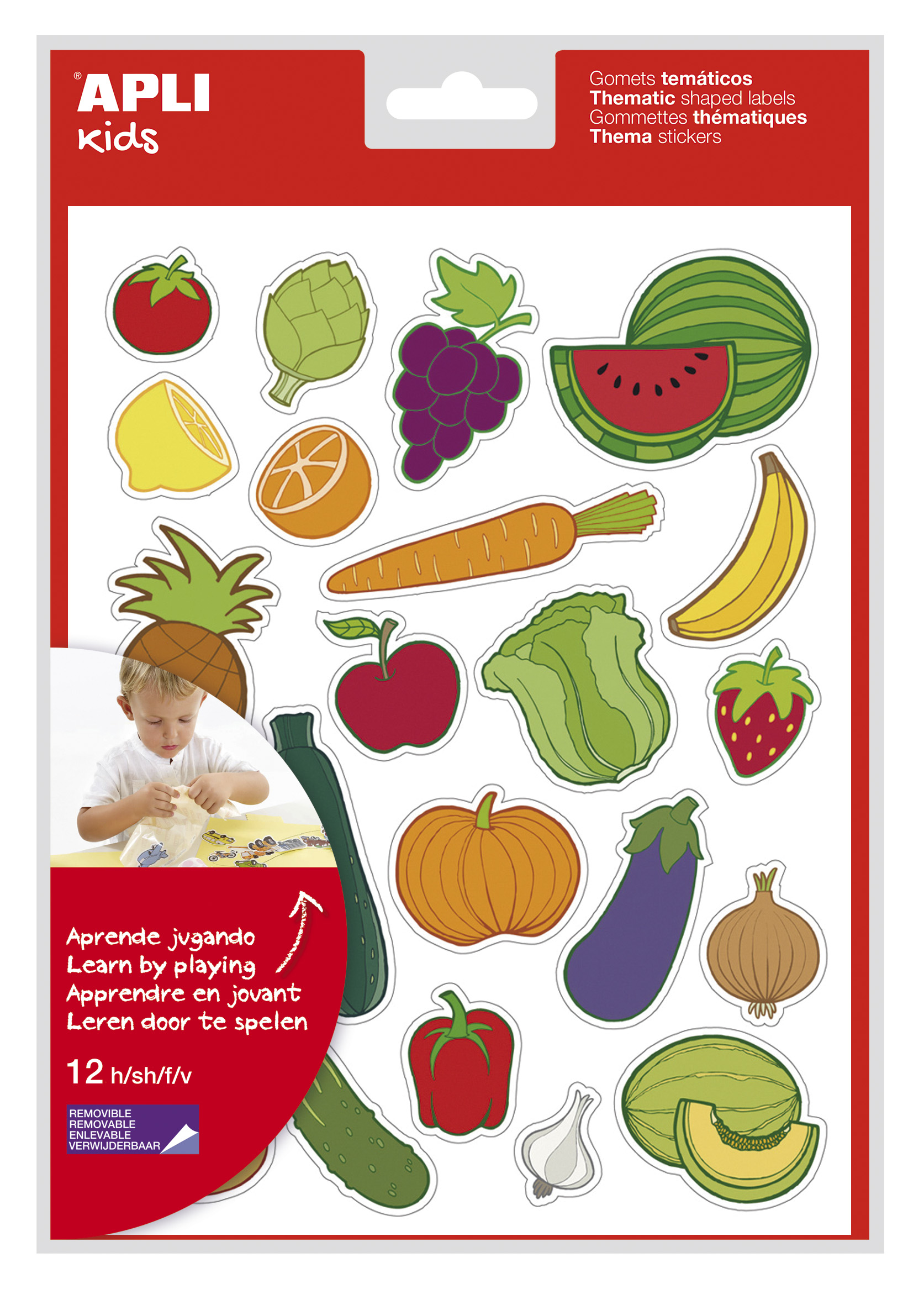 LOT de 5 Apli Sac d'Autocollants Thème Fruits et Légumes - 276 Autocollants - Adhésif Amovible - Développé avec des Éducateurs - Idéal pour les Écoles - Normes EN-71 et FSC - Coloré