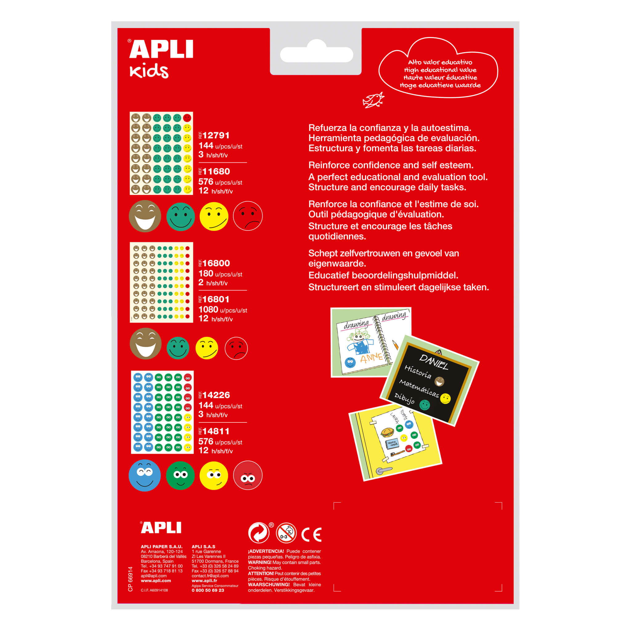 LOT de 5 Apli Stickers Emotions - Ø 23 mm et Ø 20 mm - 144 Stickers par sachet - 16 motifs différents - Adhésif amovible - Aide à exprimer les émotions - Adhésif à base d'eau - Sans solvant - Couleur variée