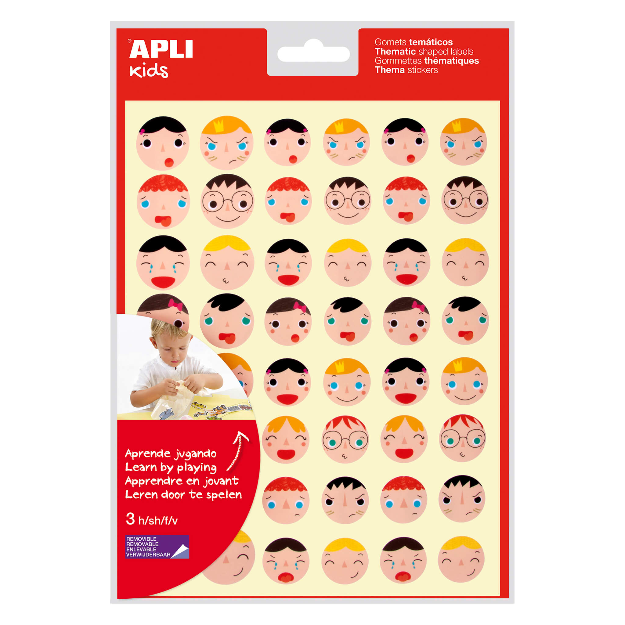 LOT de 5 Apli Stickers Emotions - Ø 23 mm et Ø 20 mm - 144 Stickers par sachet - 16 motifs différents - Adhésif amovible - Aide à exprimer les émotions - Adhésif à base d'eau - Sans solvant - Couleur variée