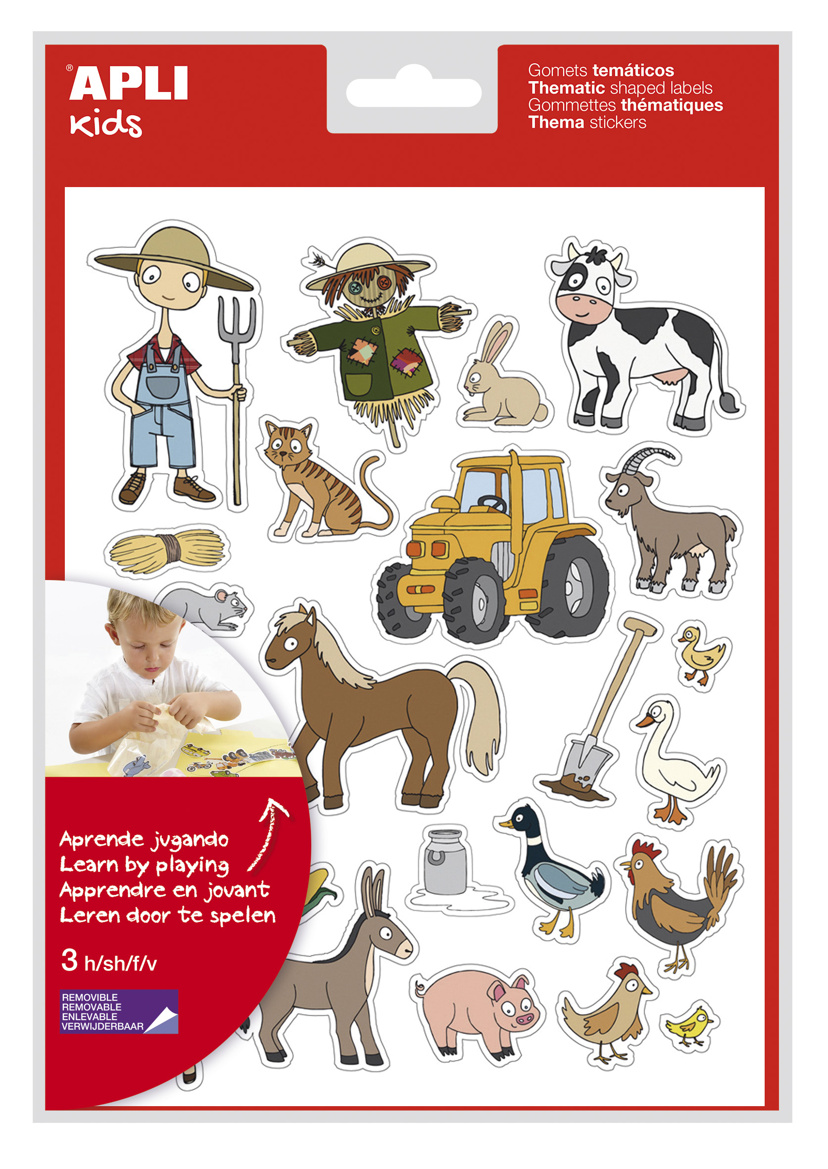 LOT de 5 Apli Stickers Thématiques la Ferme - 69 Stickers sur 3 Feuilles - Illustrations Pédagogiques d'Animaux et d'Objets de la Ferme - Adhésif Amovible - Adhésif à Base d'Eau - Sans Solvant - Coloré