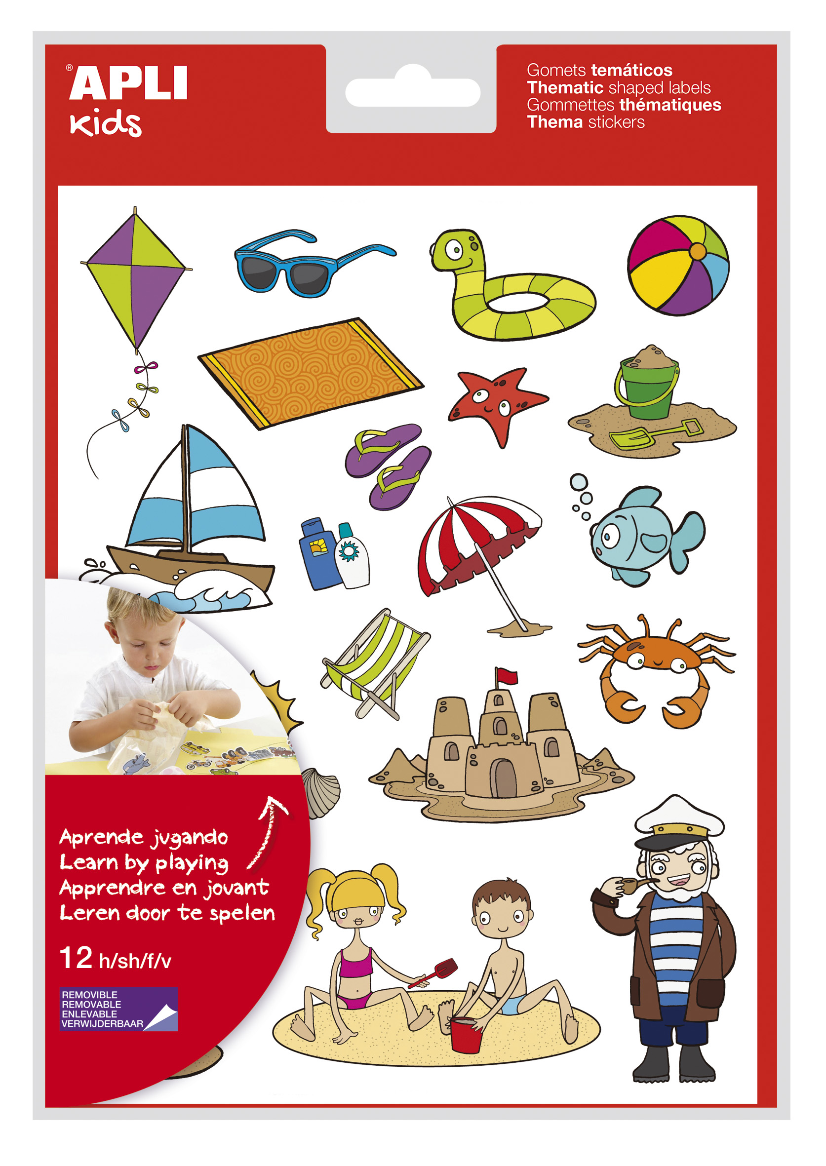 LOT de 5 Apli Stickers Thématiques la Plage - 264 Stickers sur 12 Feuilles - Illustrations d'Animaux et d'Objets de Plage - Adhésif Amovible - Idéal pour les Ecoles - Adhésif à Base d'Eau - Sans Solvant - Coloré