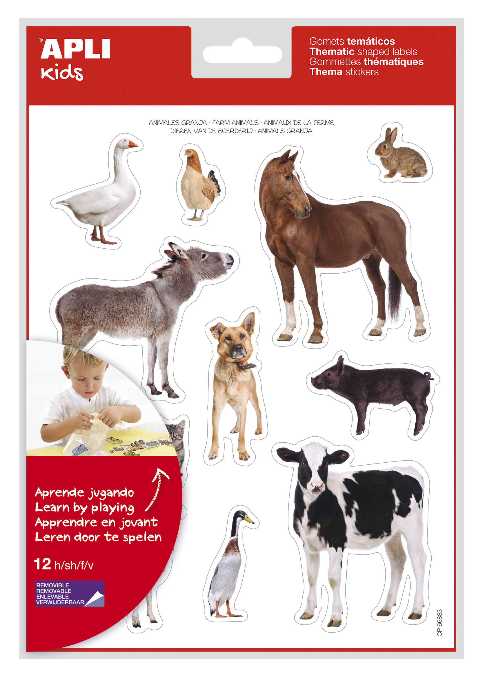 LOT de 5 Apli Stickers Thématiques Réalistes Animaux de la Ferme - 144 Stickers sur 12 Feuilles - Adhésif Amovible - Idéal pour Développer la Motricité - Adhésif à Base d'Eau - Sans Solvant - Large Assortiment Thématique