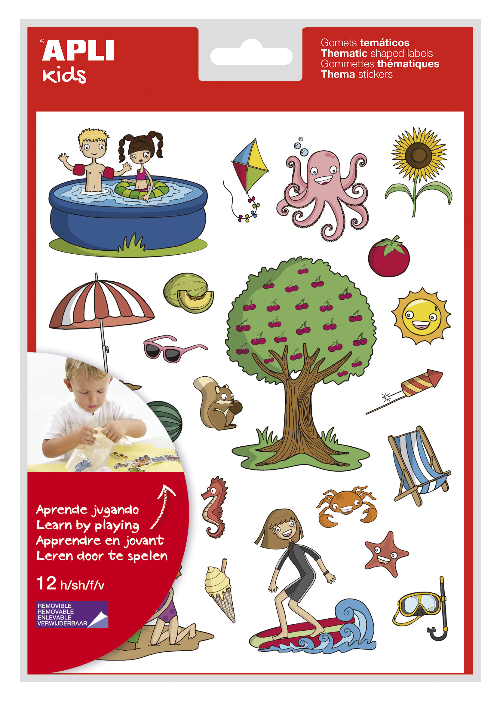 LOT de 5 Apli Summer Theme Stickers - 12 feuilles (288 autocollants) - Adhésif amovible - Illustrations pédagogiques - Normes EN-71 et FSC - Adhésif à base d'eau - Sans solvant - Papiers ECF - 100 % recyclables - Colorés