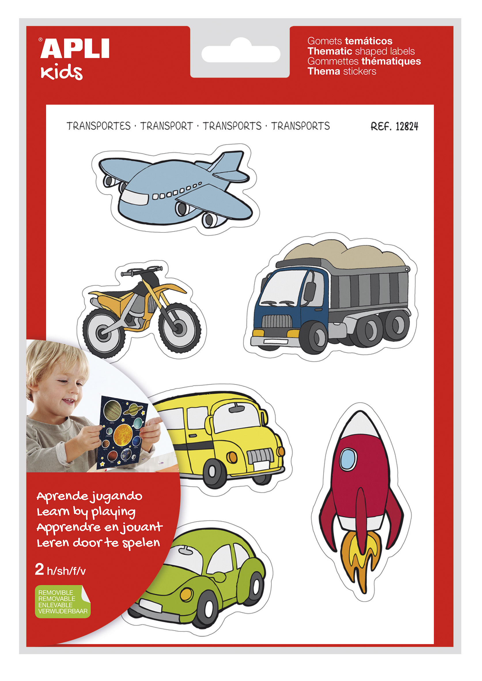 LOT de 5 Apli Transport Theme Stickers xL - 24 Stickers sur 2 Feuilles A4 - Illustrations Moyens de Transport - Adhésif Amovible - Taille XL sans Bordure - Adhésif à Base d'Eau - Sans Solvant - Coloré