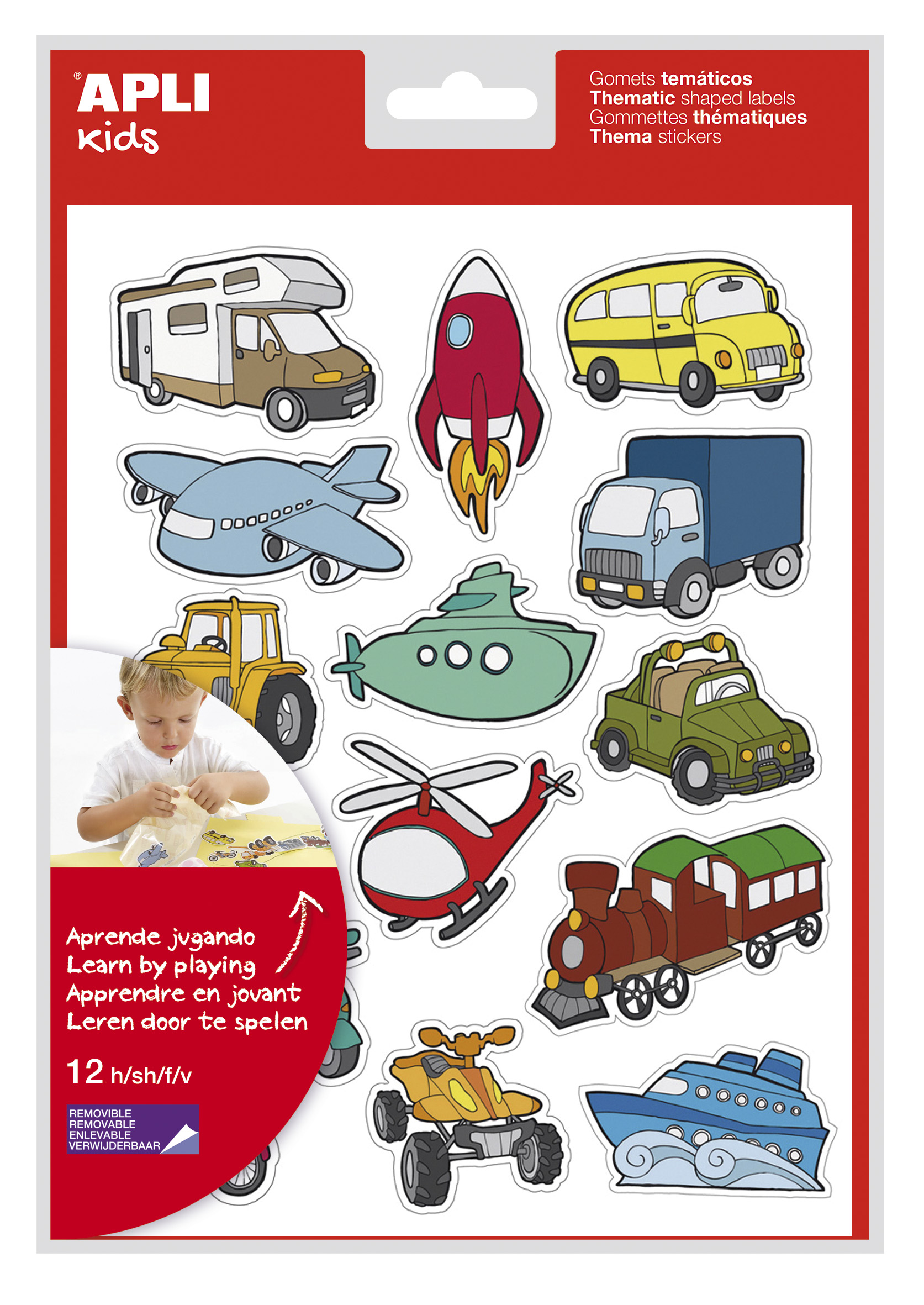 LOT de 5 Apli Transportation Theme Stickers - 180 Stickers sur 12 Feuilles - Adhésif Amovible - Idéal pour Apprendre - Conforme aux Normes EN-71 et FSC - Adhésif à Base d'Eau - ECF - 100% Recyclable - Coloré