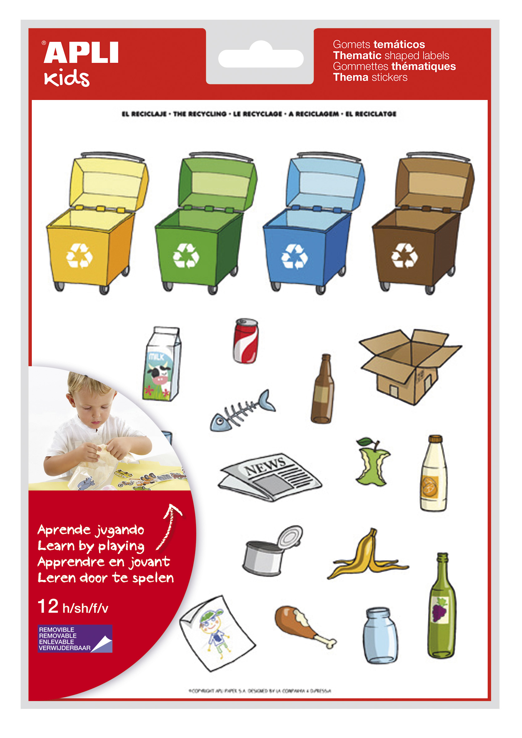 LOT de 5 Autocollants thématiques Apli Recycling - 276 autocollants - Adhésif amovible - Illustrations amusantes - Idéal pour les écoles - Normes EN-71 et FSC - Adhésif à base d'eau - ECF - 100% recyclable - Coloré