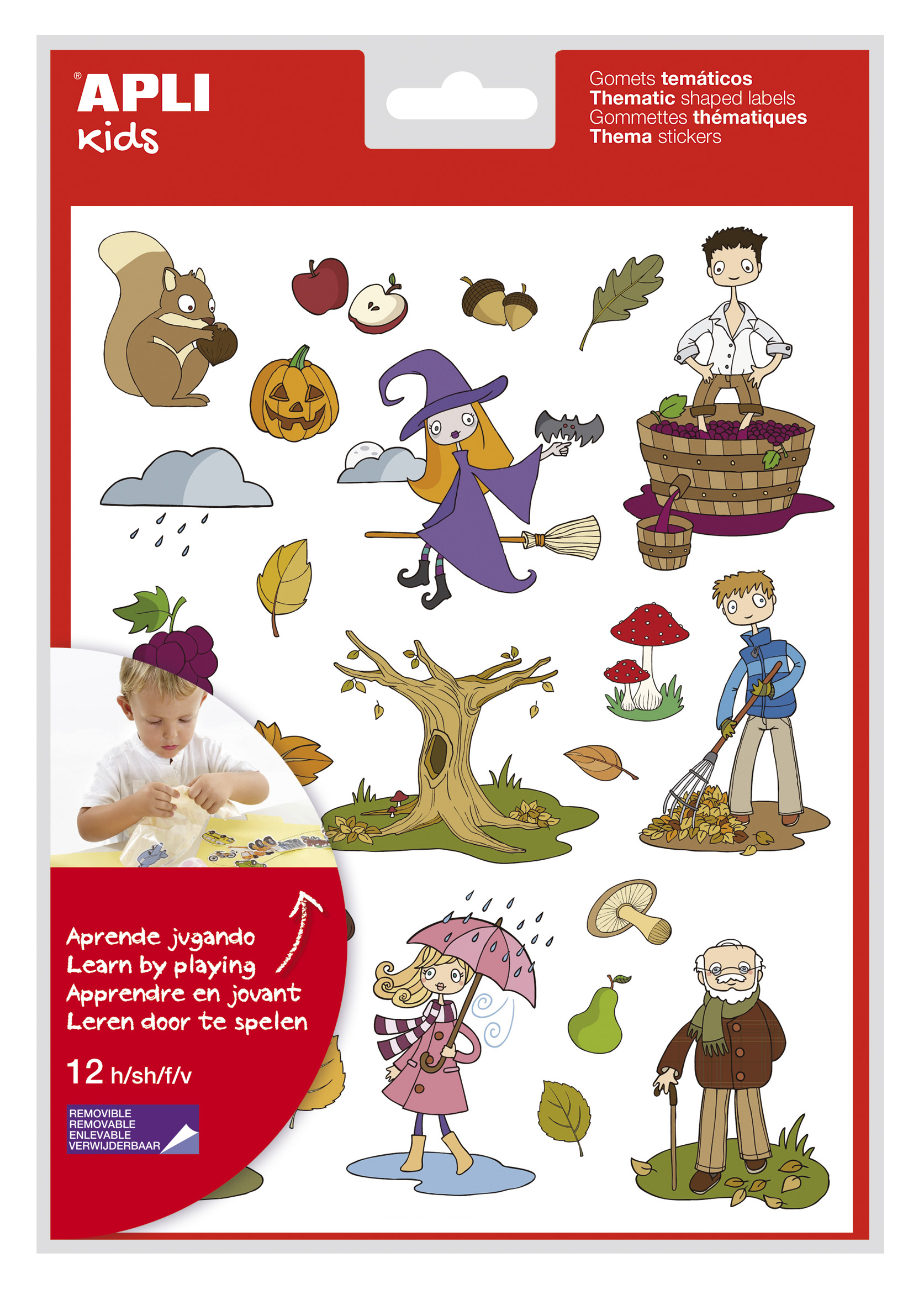 LOT de 5 Autocollants Thème Automne Appli - 12 Feuilles (288 Autocollants) - Adhésif Amovible - Illustrations Amusantes - Normes EN-71 et FSC - Adhésif à Base d'Eau - Sans Solvant - Papiers ECF - 100% Recyclable - Coloré