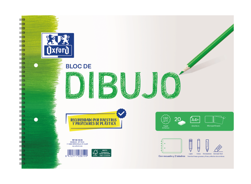LOT de 5 Bloc à dessin en spirale Oxford School A4+ - Couverture souple/Dos rigide - 20 feuilles 130gr - avec cadre et 2 forets