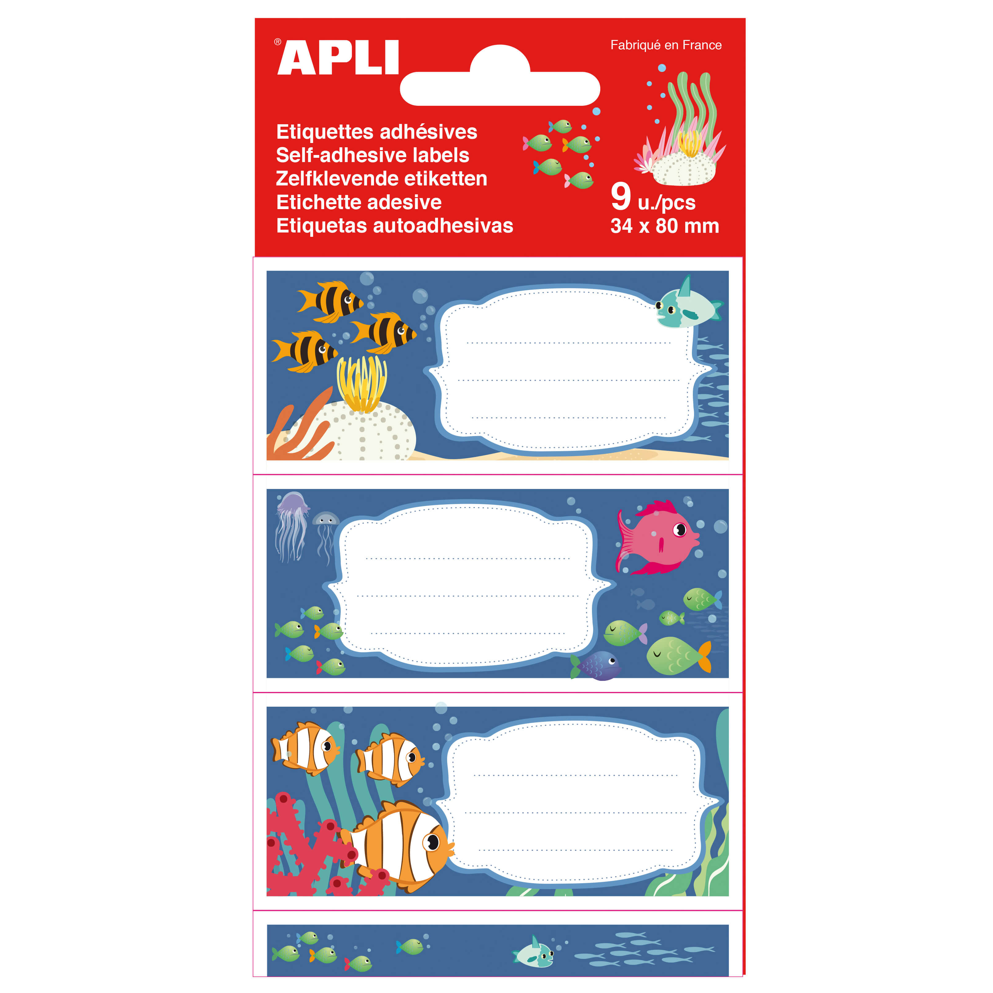 LOT de 5 Étiquettes adhésives Apli Seabed School - Taille 81x36mm - Adhésif permanent de haute qualité - Idéal pour identifier les livres et les cahiers - Design marin coloré