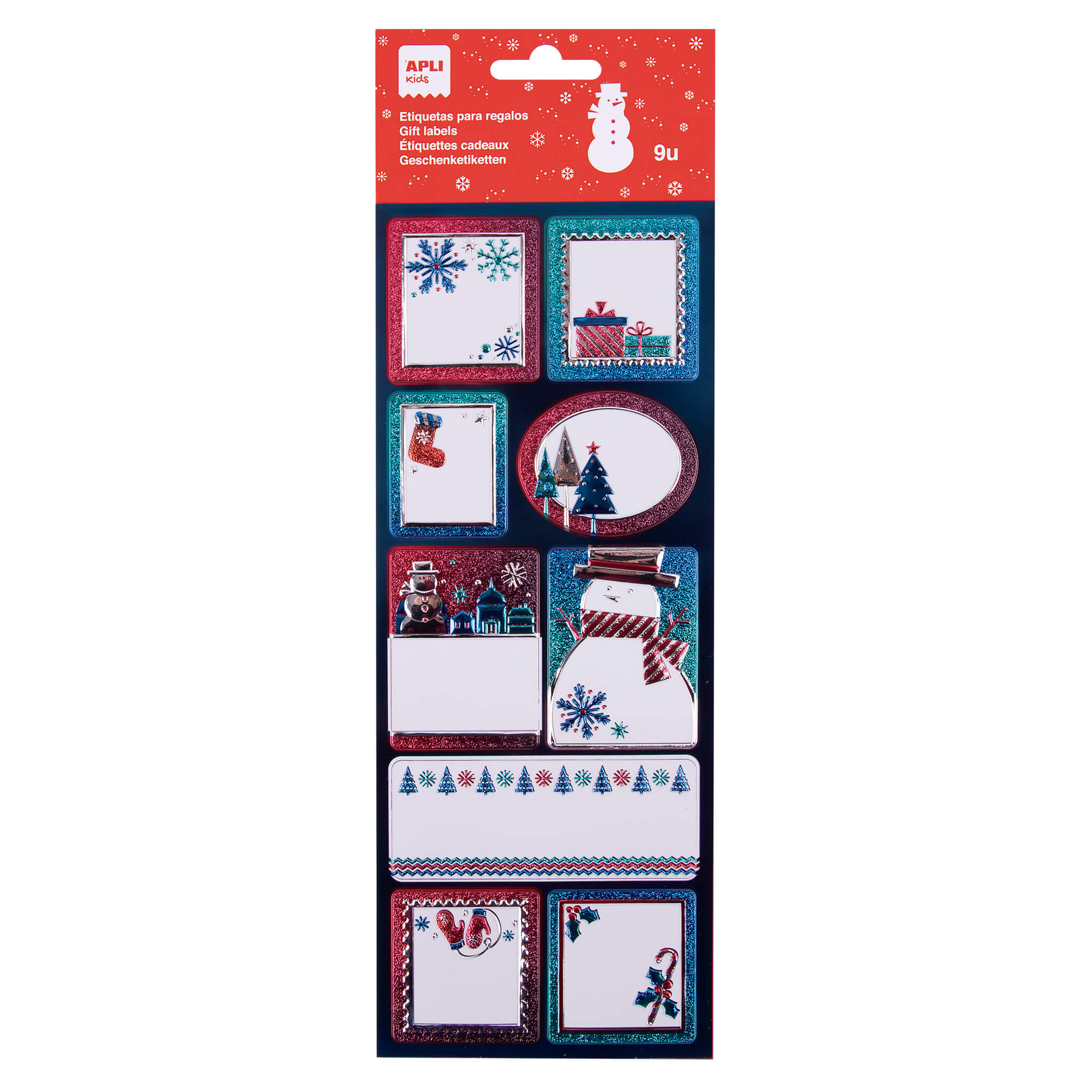 LOT de 5 Étiquettes adhésives bonhomme de neige Apli - 9 étiquettes assorties avec finition scintillante - Adhésif permanent de haute qualité - Thème de Noël - Couleur blanche