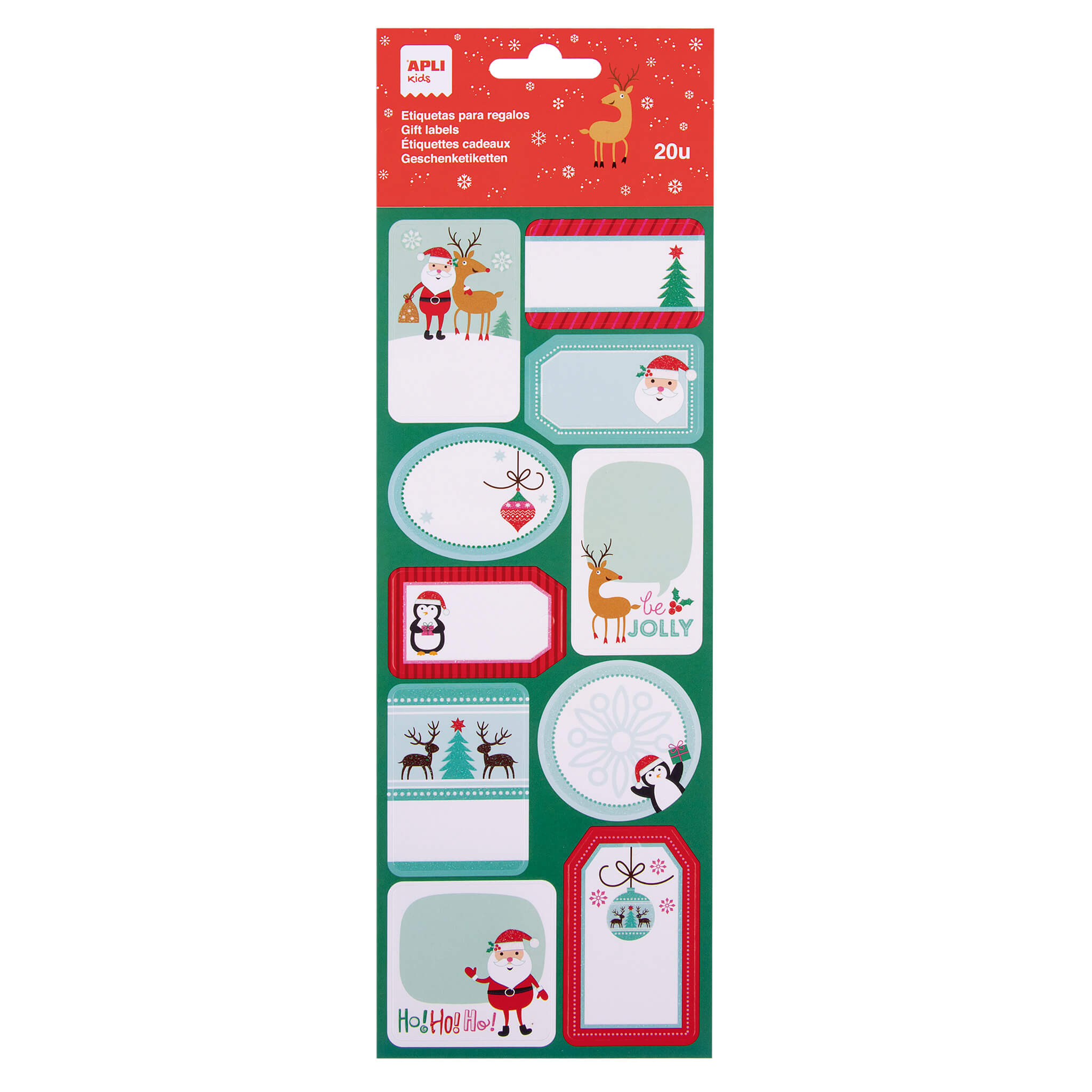 LOT de 5 Étiquettes adhésives sur le thème de Noël Apli - 20 étiquettes par sachet - 2 feuilles d'étiquettes - Adhésif permanent de haute qualité - Modèle renne