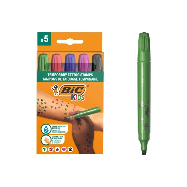 Lot de 5 marqueurs pour tatouages temporaires Bic Kids - Encre testée dermatologiquement et sans parfum - Couleurs assorties
